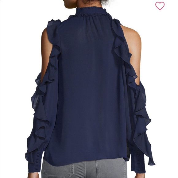 Parker Navy Blue Ruffle Cold Shoulder Blouse Sz XS - Picture 2 of 7